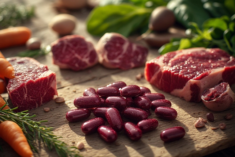 Grass-fed beef organ supplement capsules on wooden surface with fresh beef organs and herbs, representing natural ancestral nutrition