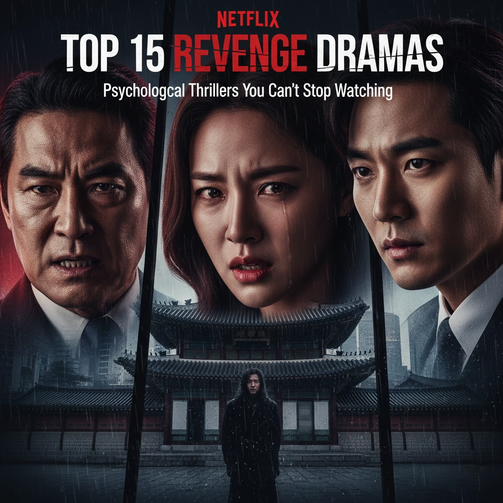 Montage of intense scenes from popular Korean revenge dramas showing dramatic confrontations, psychological tension, and plot twists