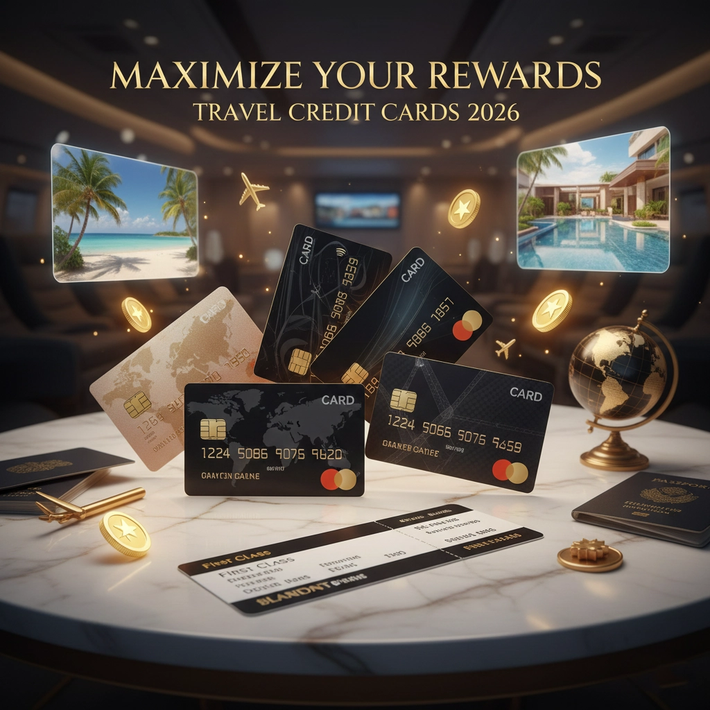 Multiple no-fee travel credit cards spread out with globe, airplane boarding pass, hotel key, and rewards points visualization