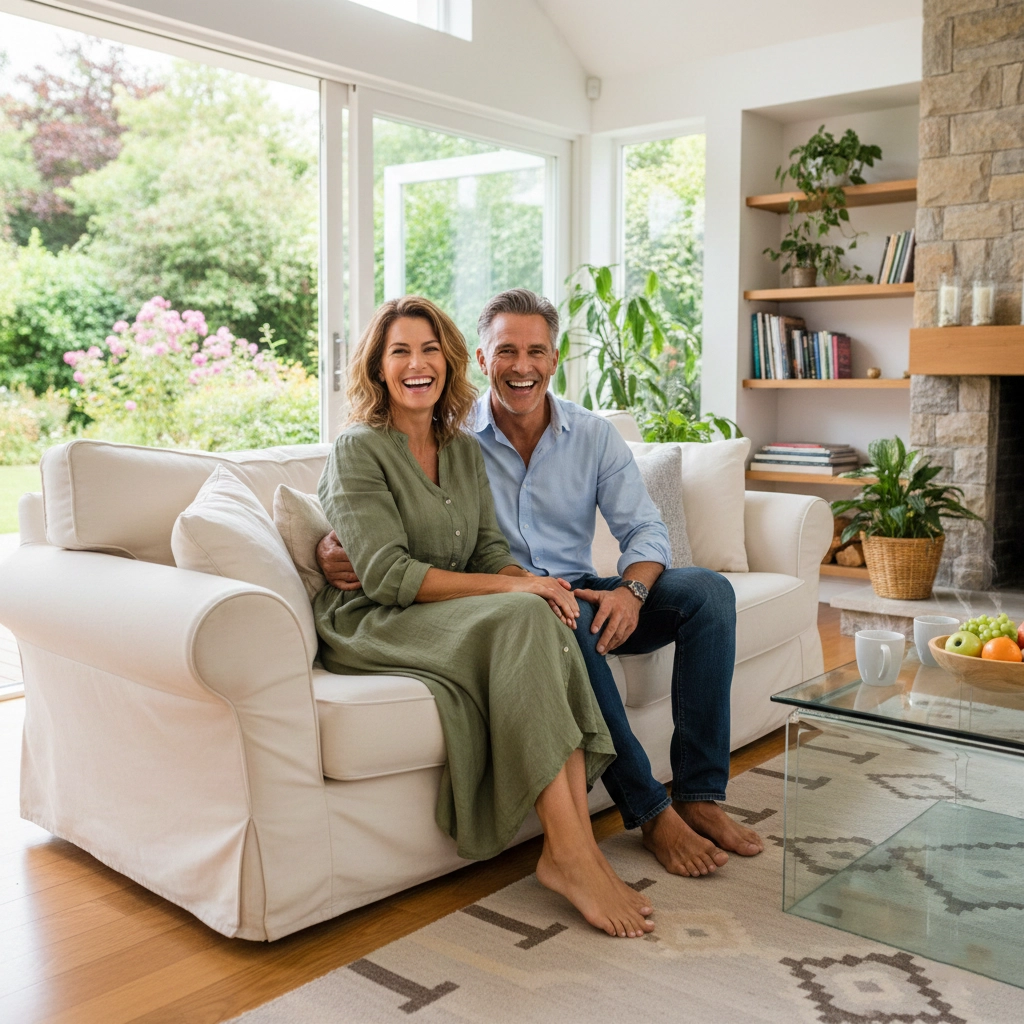 Couple having deep conversation face-to-face, warm lighting, comfortable home setting, genuine emotional connection and active listening visible