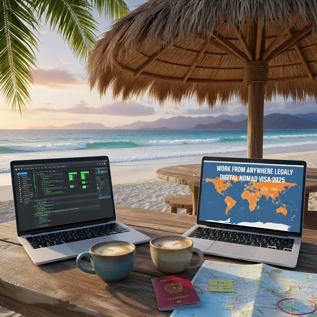Digital nomad working on laptop at beach café in tropical destination, with visa documents, passport, and world map visible