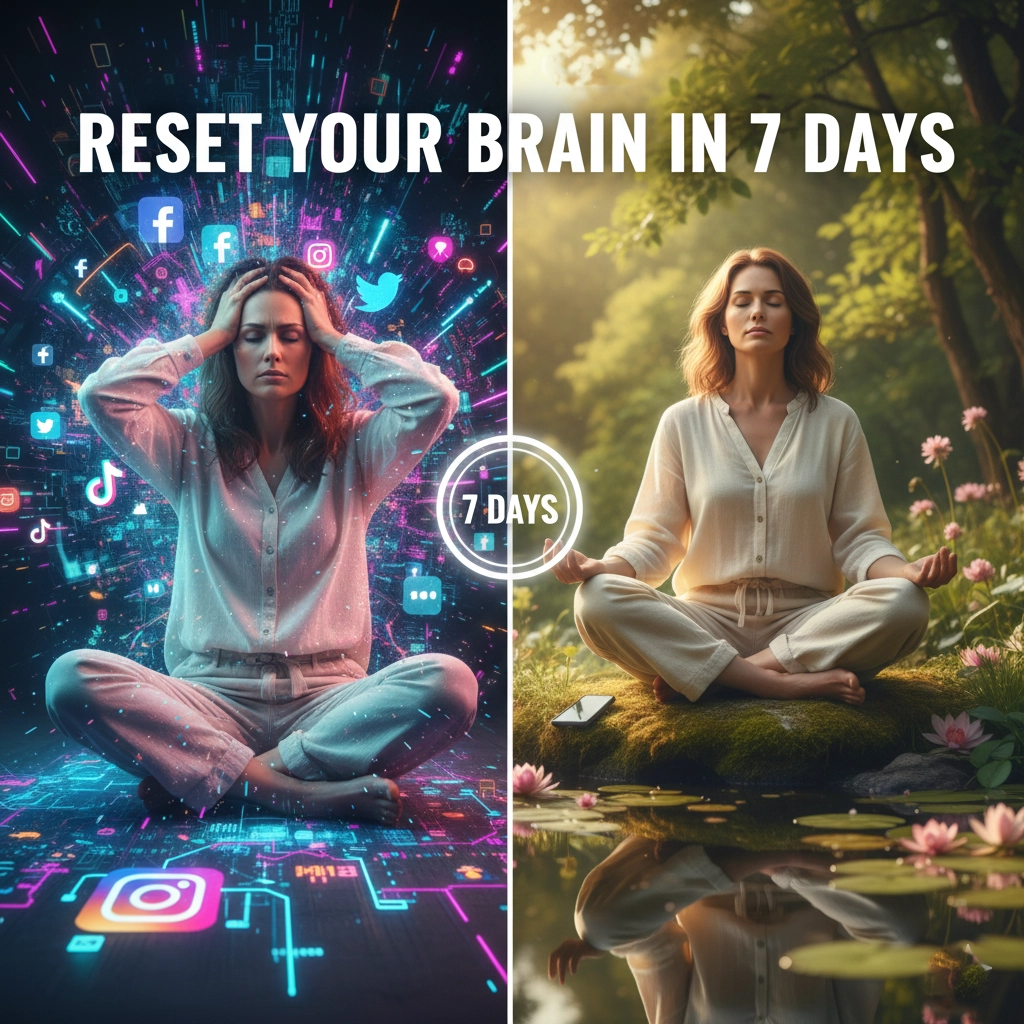 Person meditating outdoors during dopamine detox, surrounded by nature, phone off, peaceful expression during digital reset challenge