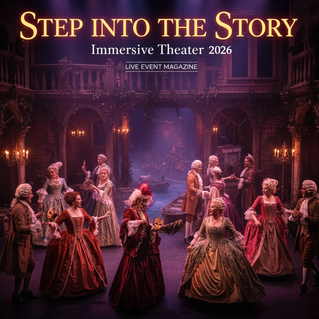 Participants engaged in immersive theater, dressed in costumes, interacting with elaborate set design and actors