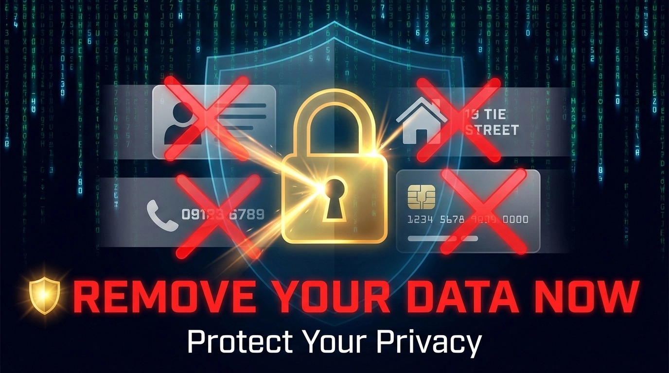 Digital security concept with encrypted padlock, shielded personal information icons, and data removal service dashboard interface