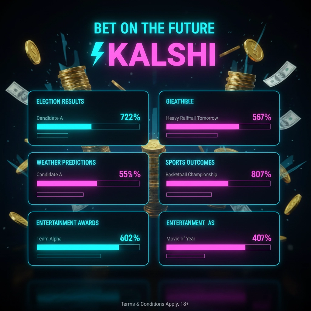 Kalshi prediction markets app interface showing live betting odds on various events including elections and entertainment outcomes