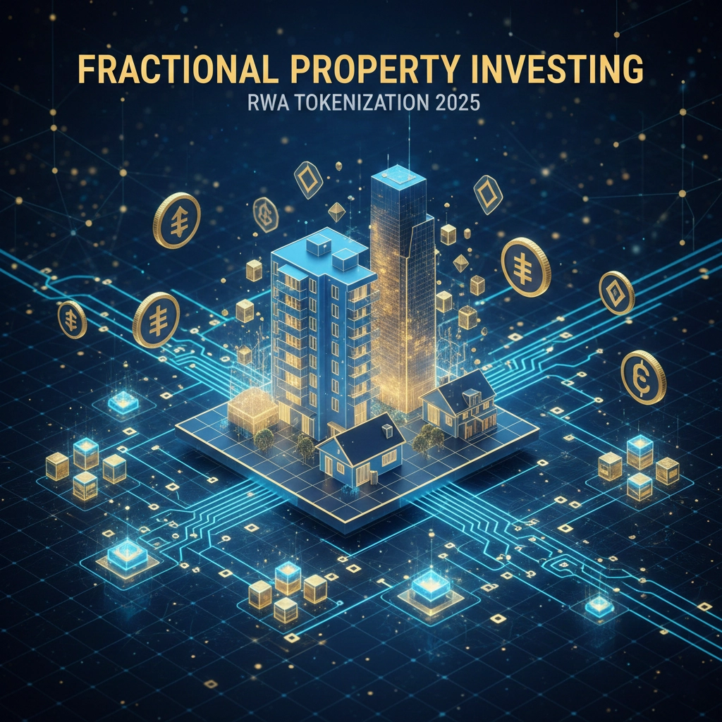 Digital visualization of property tokenization, blockchain network connecting real estate properties, fractional ownership tokens displayed