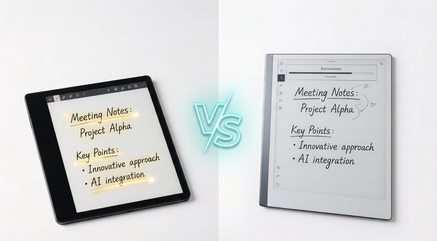 Viwoods AiPaper 10.65 inch e-ink tablet next to reMarkable 3 displaying handwritten notes with AI enhancement visible